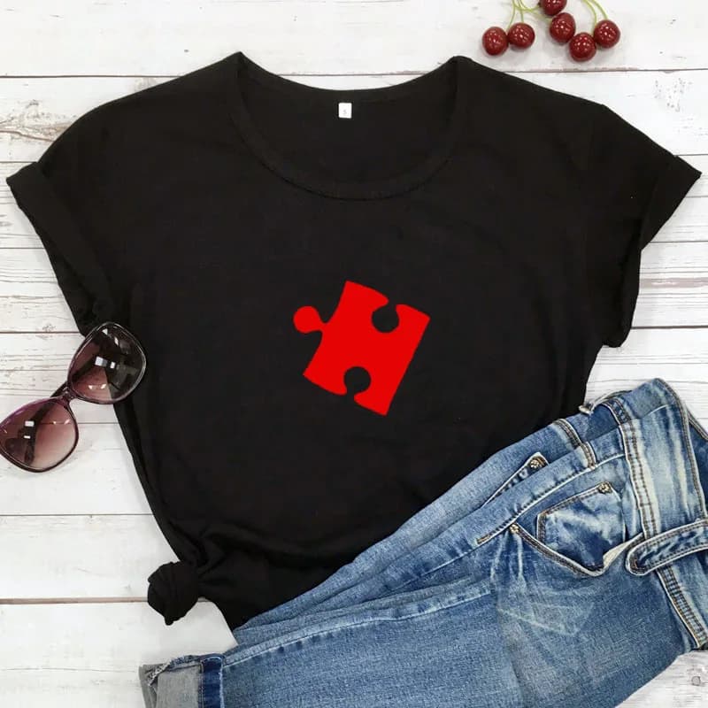 Puzzle coeur rouge imprimé Couple t-shirt amoureux à manches courtes col rond t-shirt ample mode fem