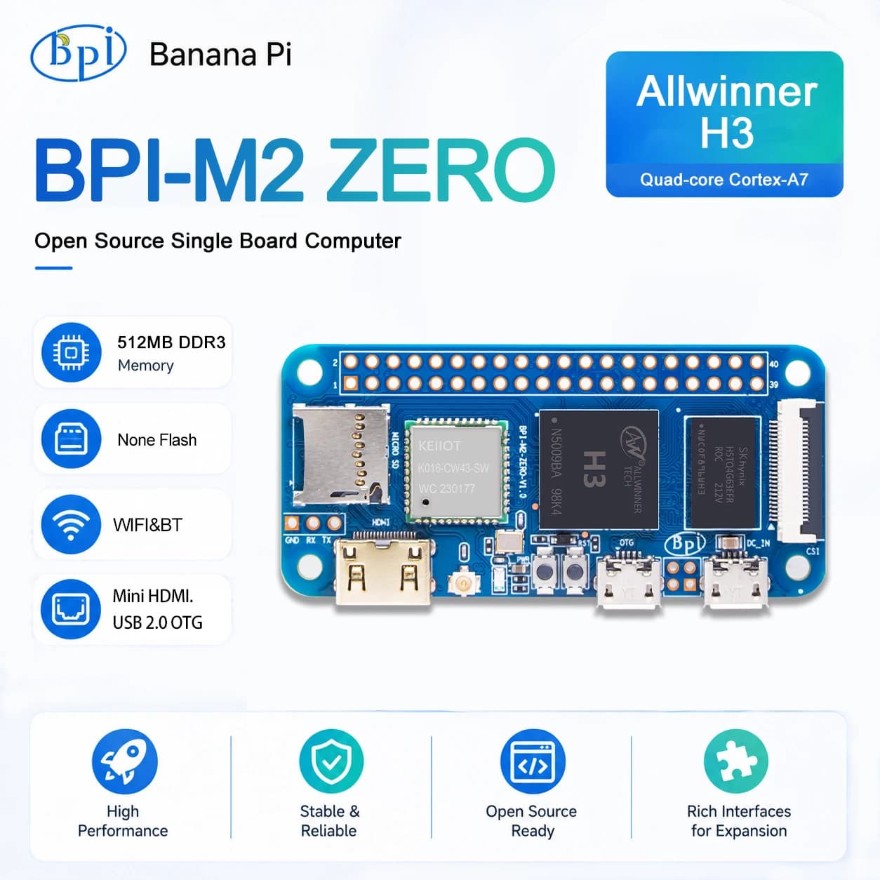Pi gels BPi-M2 ontariAllwinner H3 512MB DDR3 carte Opensource Micro PC Mini Ordinateur Android Linux