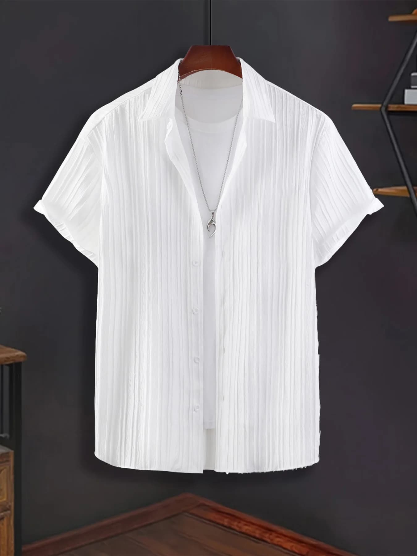 Chemise à manches courtes texturée à rayures verticales blanches pour homme, décontractée, ample et