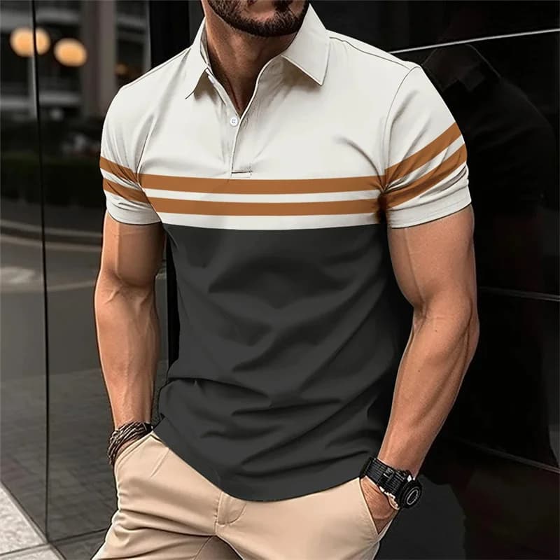 Polo à rayures colorées pour hommes, T-shirts imprimés 3D motifs feuilles exquises, hauts décontract