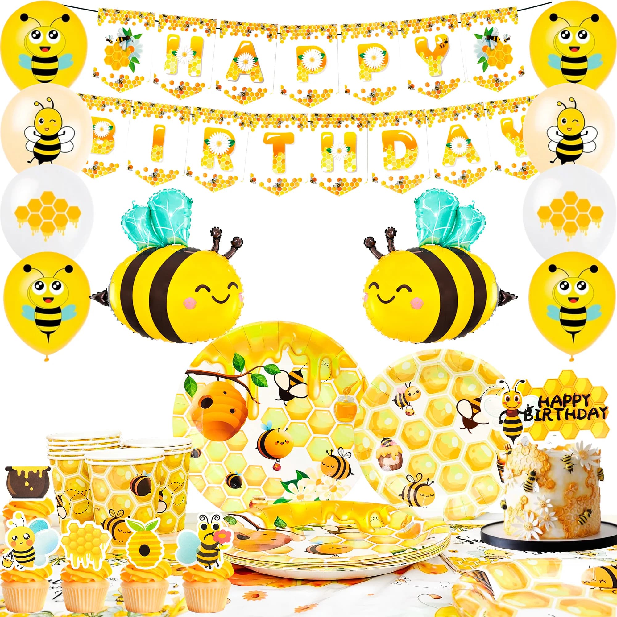 Ensemble de 99 pièces de décorations et de vaisselle sur le thème des abeilles - Bannière, ballons,