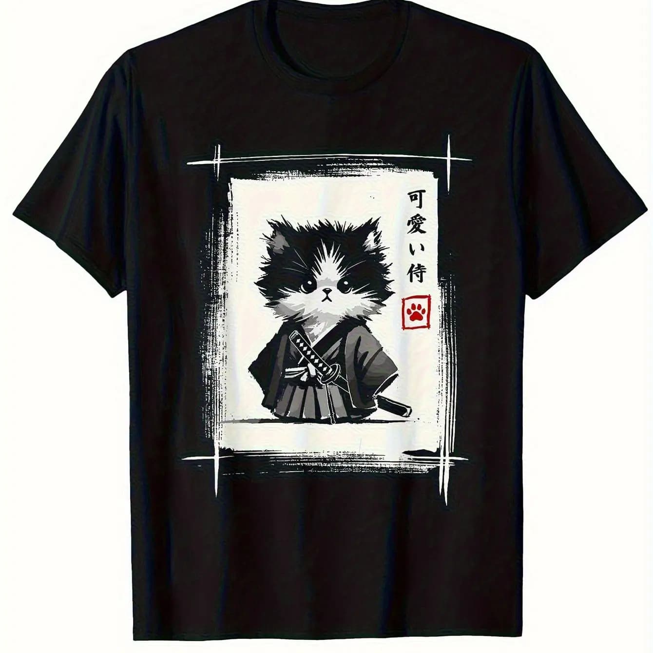 T-shirt imprimé Kawaii Chat Samouraï Art à l'encre japonaise, motif Chat mignon Katana Kanji, Street