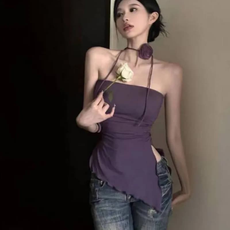 Haut tube violet pour femme, style Dopamine, doux et épicé, coupe ajustée, tendance, polyvalent, à p