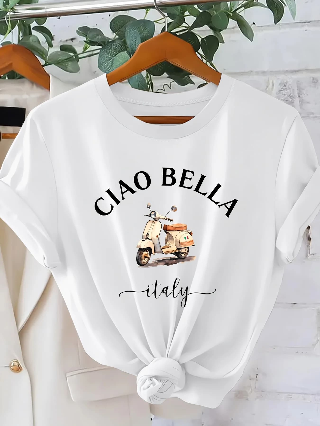 T-shirt pour femme CIAO BELLA à imprimé moto italienne, Blouse à manches courtes style scooter itali
