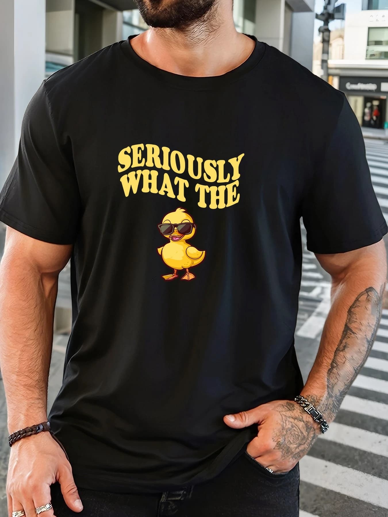 T-Shirt homme 2025 nouveauté ludique dessin animé canard graphique «SERIOUSLY WHAT THE » lunettes de