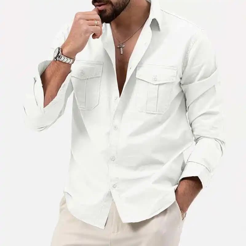 Chemise cargo pour homme à double poche poitrine, manches longues, style militaire, vintage, boutonn