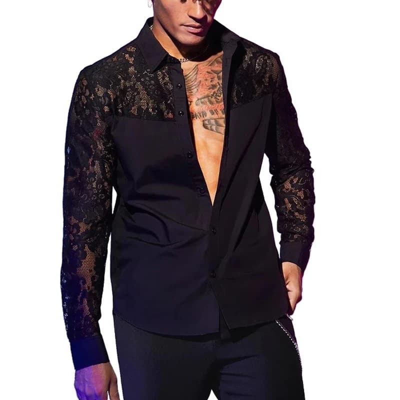 Chemise en dentelle brodée à manches longues pour hommes, cardigans à revers boutonnés, chemises tra