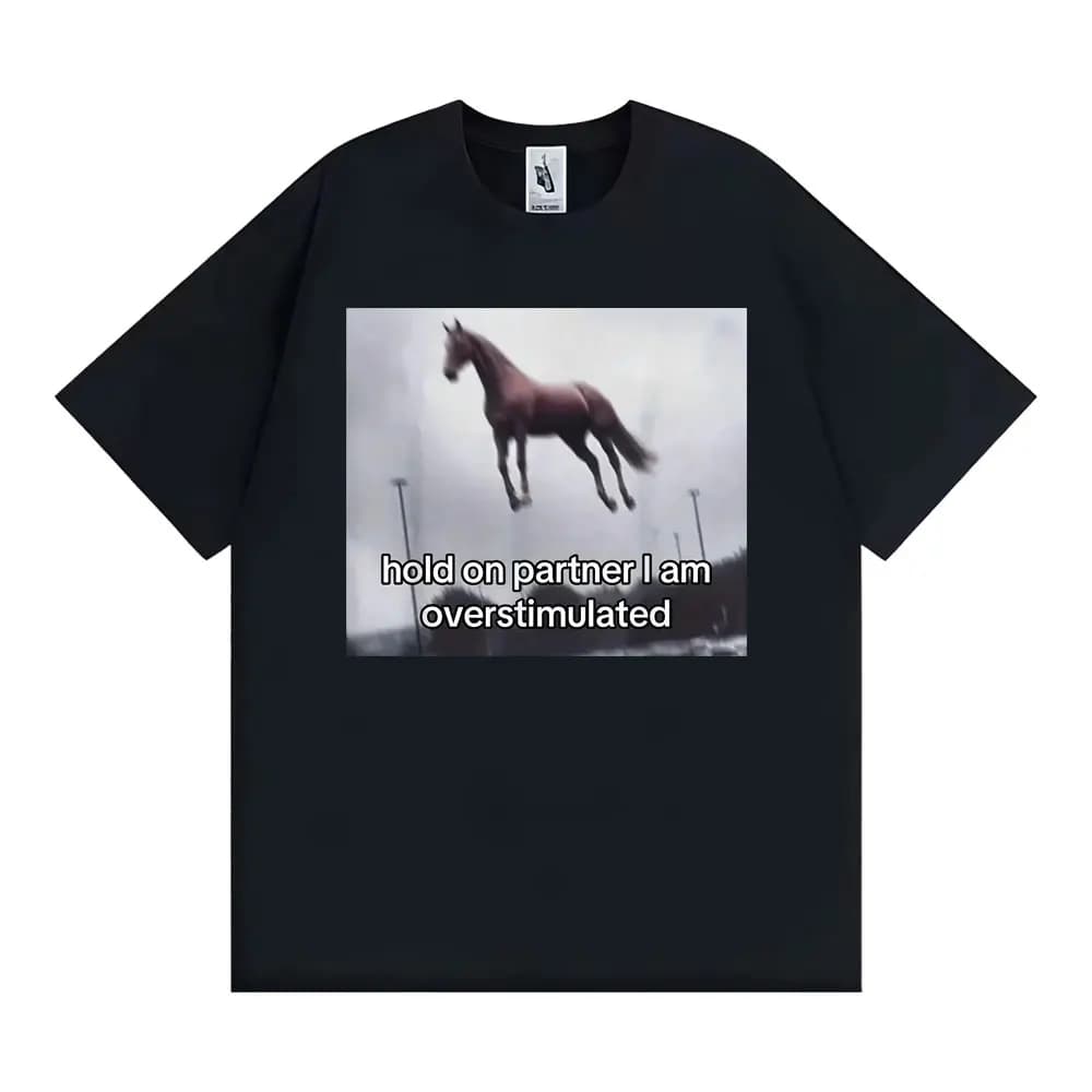 T-shirt humoristique « Hold on Partner I Am Overstimulated Horse » pour hommes et femmes, décontract
