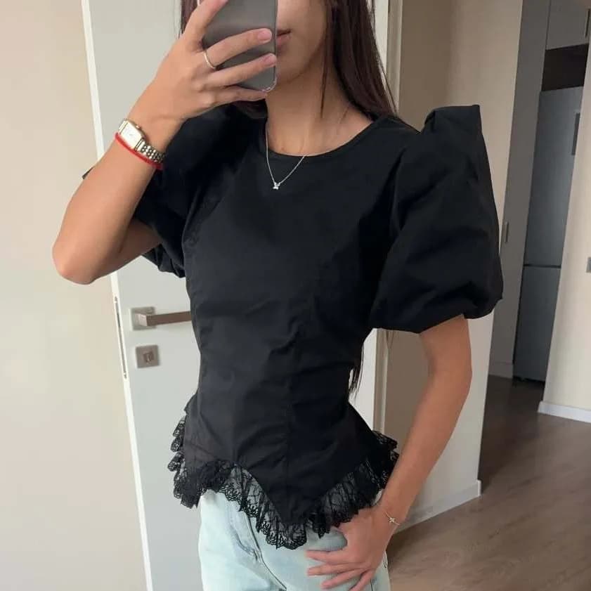 T-shirt Femme Chic à Manches Bouffantes et Dentelle, Haut Polyvalent Décontracté et Élégant pour l'É