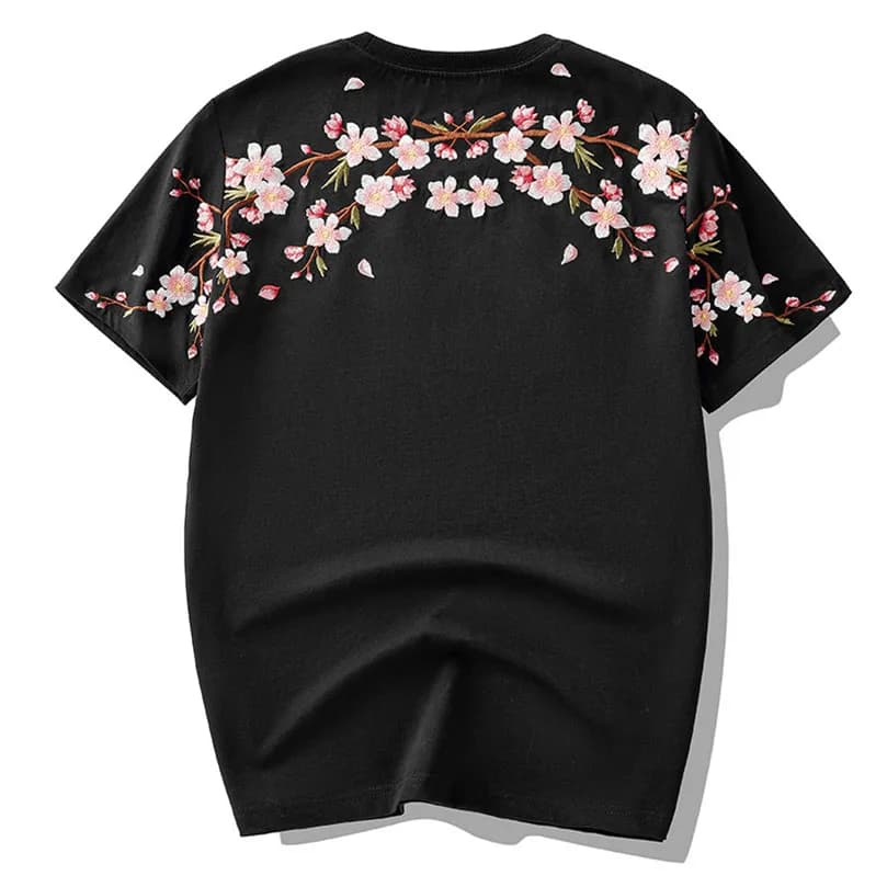 T-shirt Homme en Coton à Manches Courtes avec Broderie Florale Prune d'Été, Haut Brodé pour Homme, M