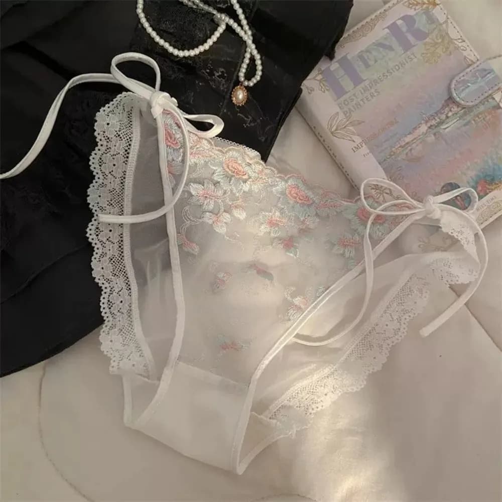 Culottes transparentes taille basse brodées de fleurs en coton avec entrejambe en coton pour femme,