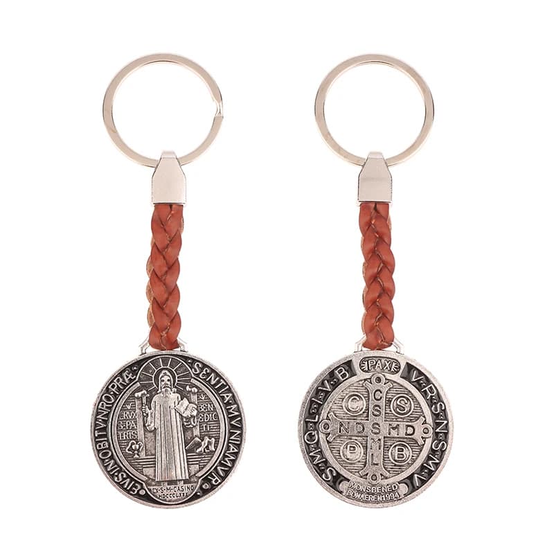 Porte-clés antique en cuir PU Saint Benoît pour hommes et dames ; Ornements de charme de sac ; Cadea
