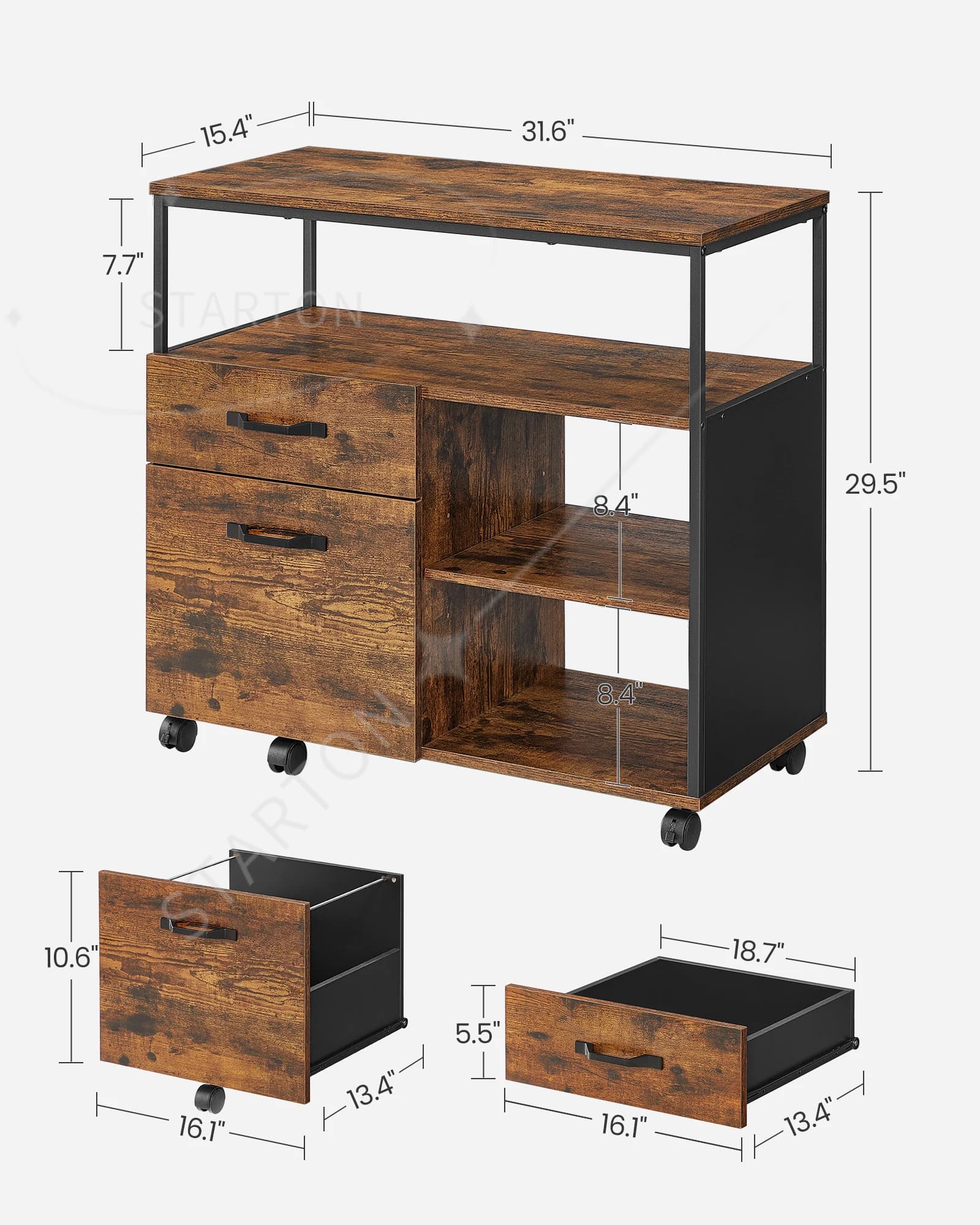 Armoire de classement mobile en bois, armoire à tiroirs roulants avec étagère de rangement à 4 nivea