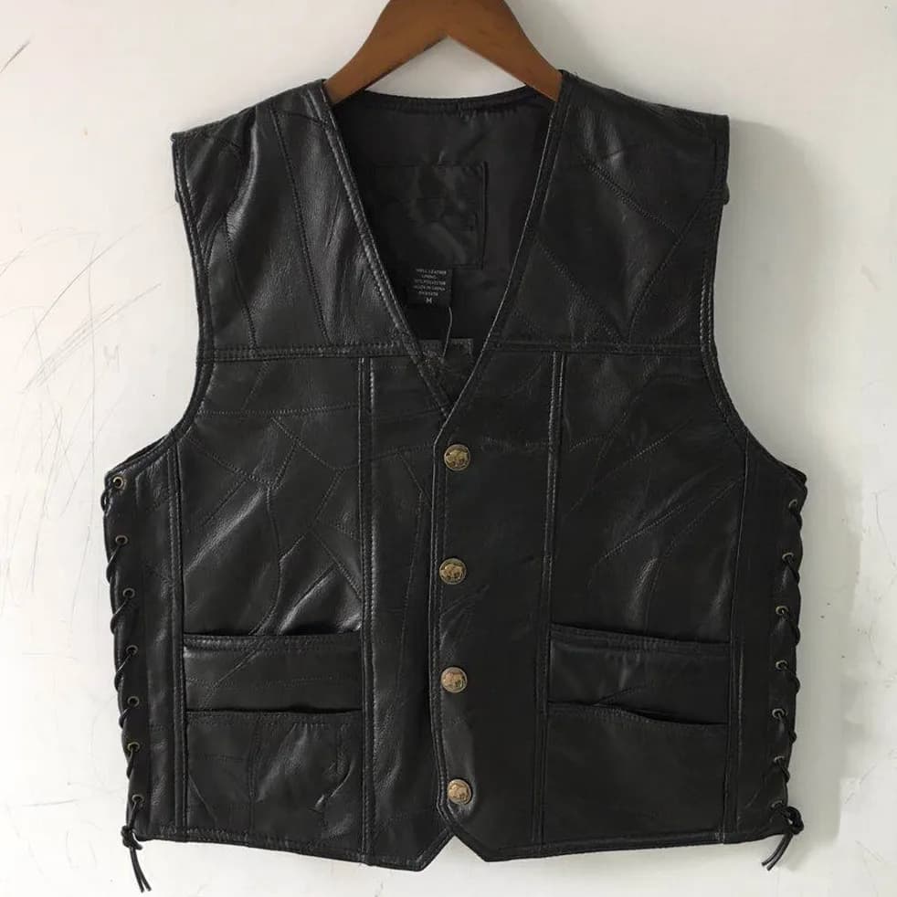 Gilets de motard en cuir noir réglable pour hommes, lacets latéraux, peau de mouton souple