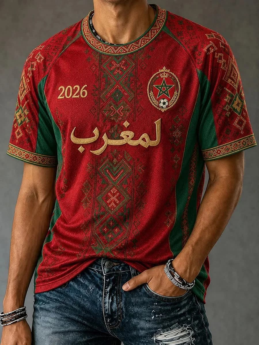 T-shirt de football rouge de l'équipe nationale du Maroc, vêtement de sport unisexe à col en V avec