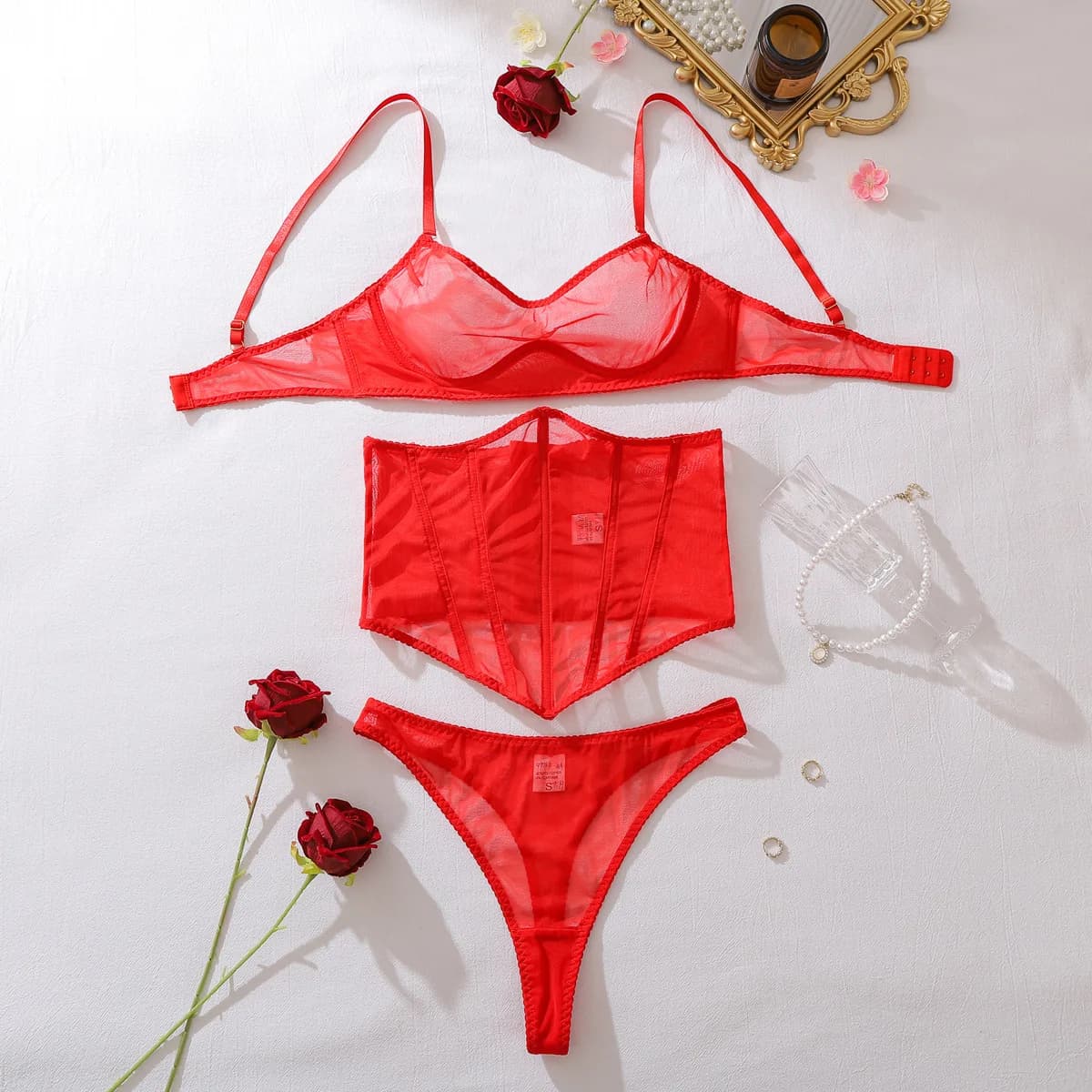 Ensemble de lingerie sexy pour femmes Red Passion, soutien-gorge Willowy, corset, ceinture, string, 