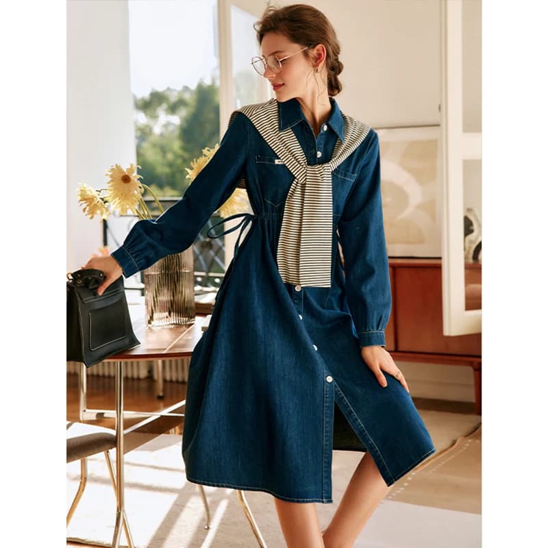 Robe en jean à manches longues OLrain pour femme, collection Printemps-Automne 2026, taille haute av