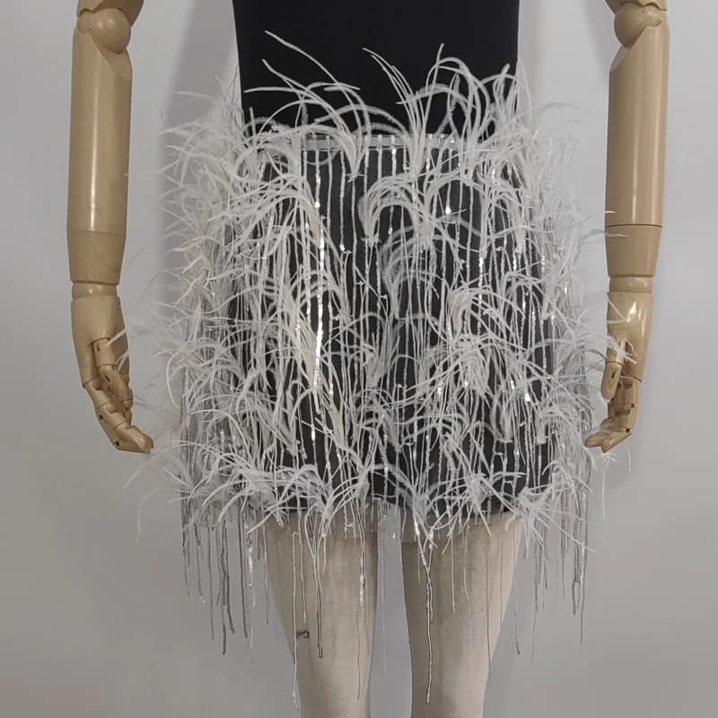 Mini jupe transparente en vraie plume, envelopper la poitrine, deux façons de porter, vêtements à ta