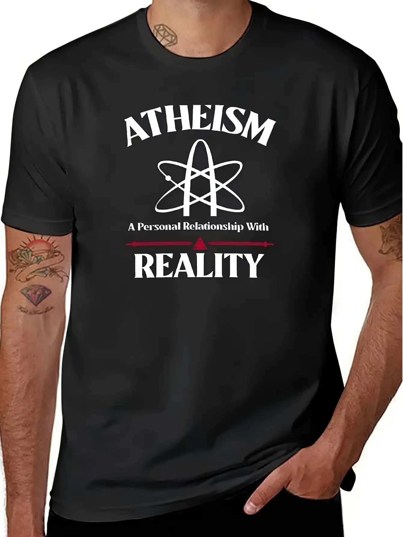 T-shirt athée pour hommes avec symboles atomiques et slogans athées, idéal pour les débats scientifi