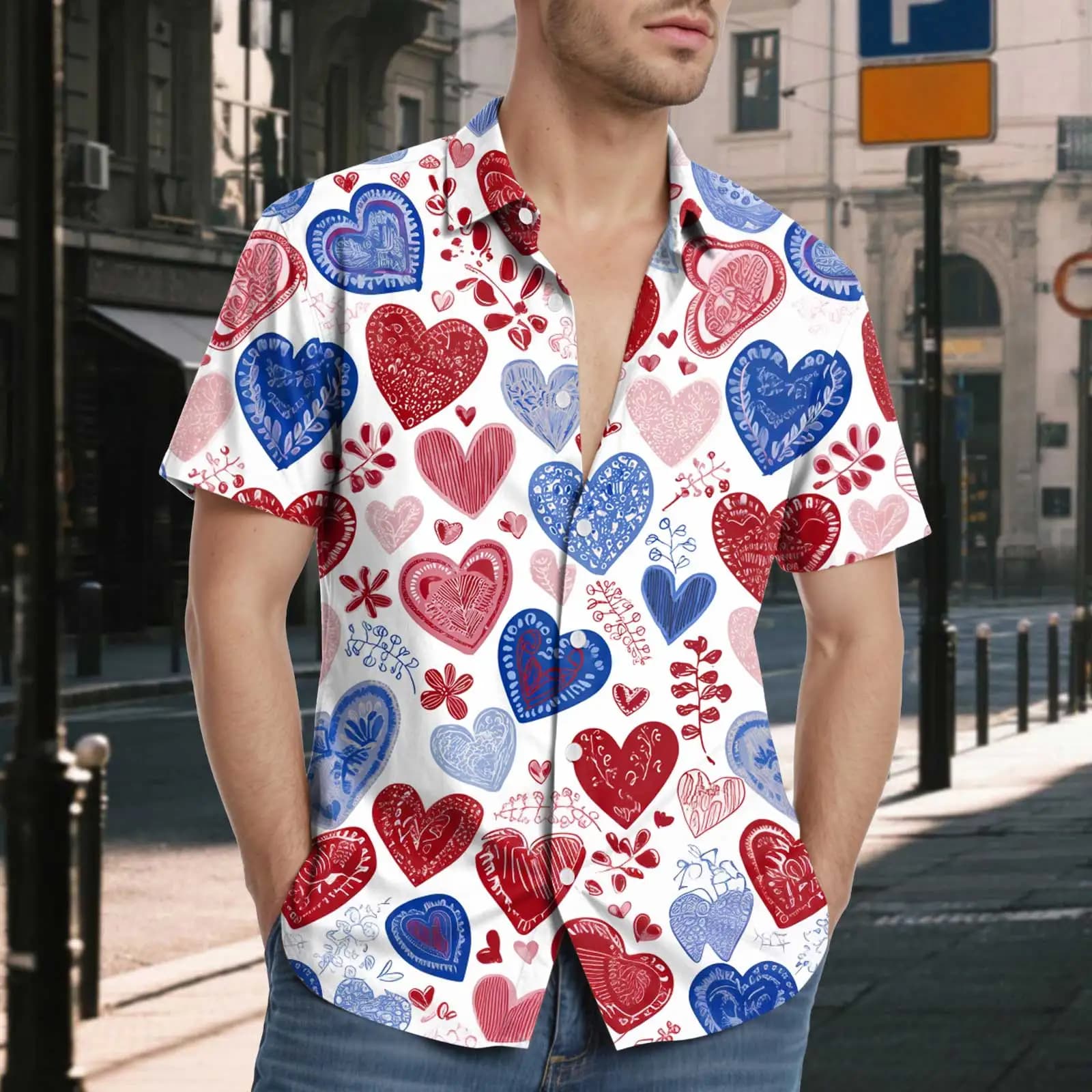 Chemise homme Saint Valentin Coeur Imprimé Manches Courtes Chemise Décontractée Respirant Lâche Jeun