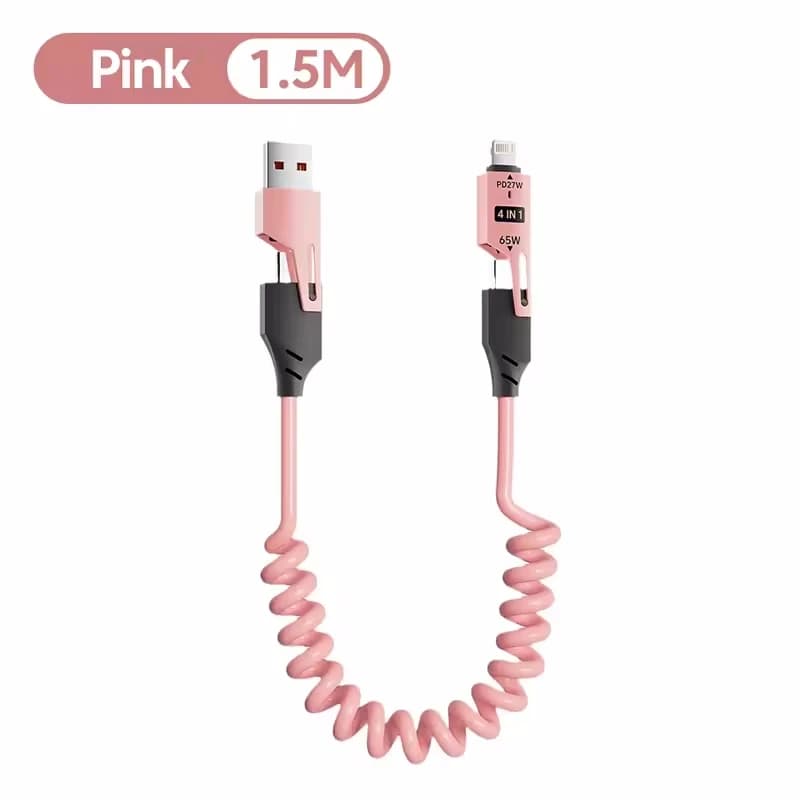 Câble USB à ressort de chargeur rapide 65W, câble de données à ressort 4 en 1, fil télescopique à re