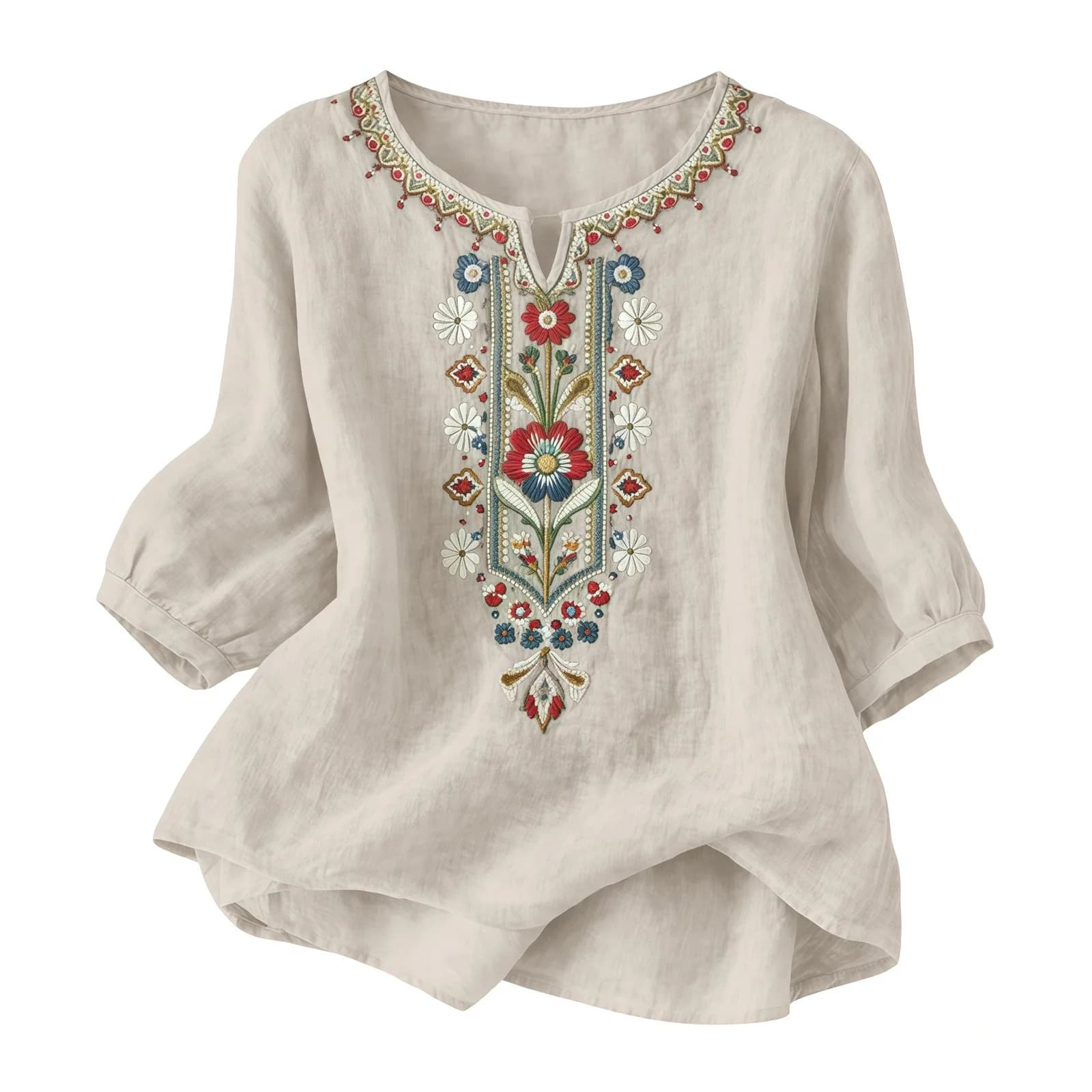 Chemises en lin brodées rétro pour femmes, coupe ample, couleur unie, manches 3/4, t-shirts décontra