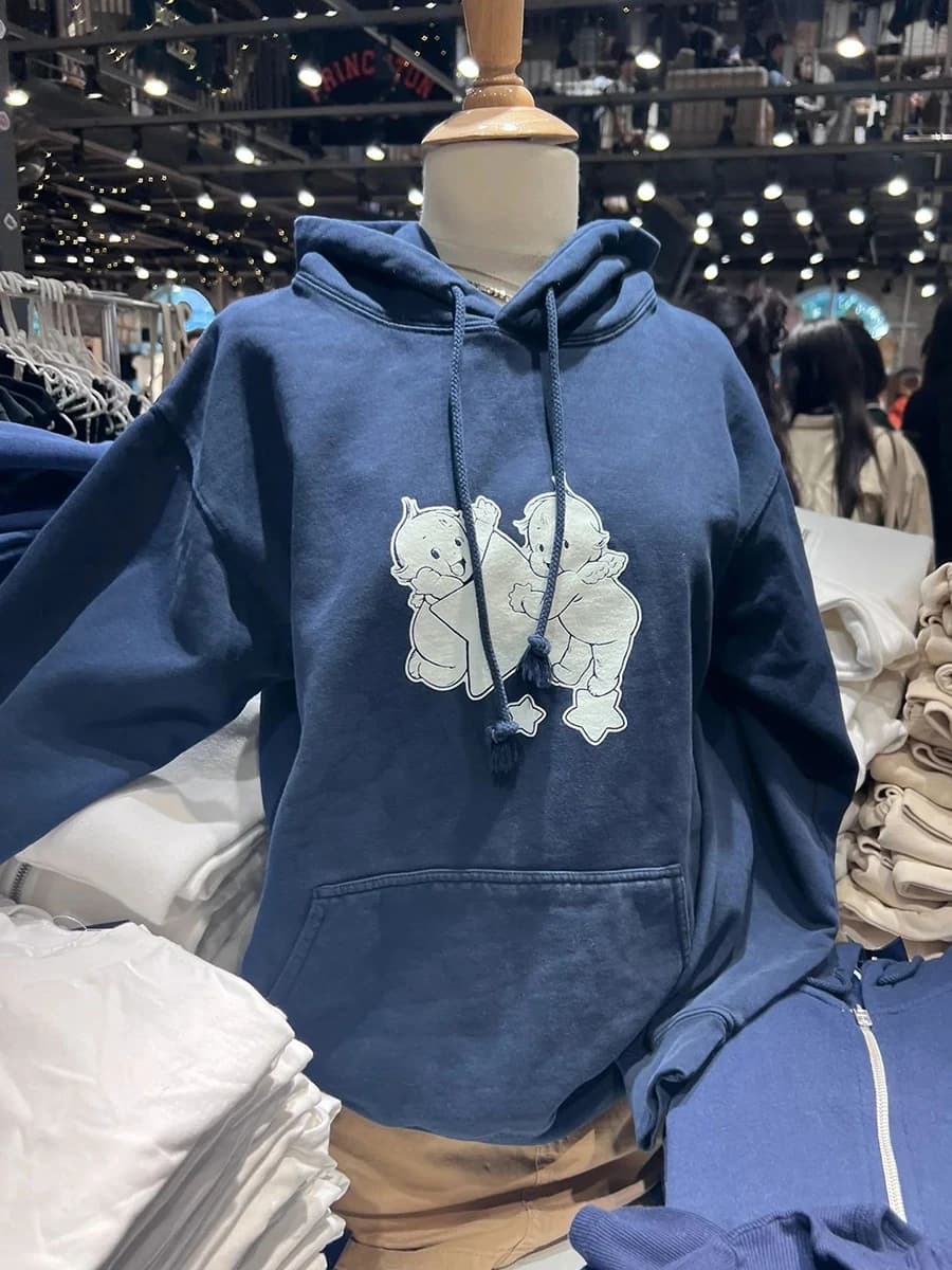 Sweat à capuche imprimé étoile d'ange pour femme, avec poches, manches longues, Style Preppy, mignon