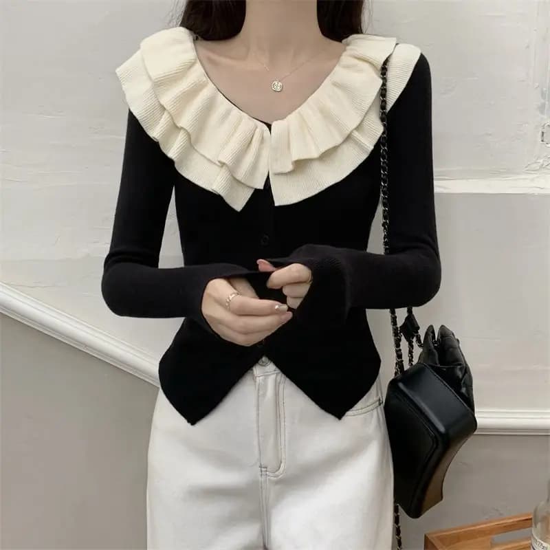 Cardigan en tricot français pour femmes, garniture élégante à volants, coupe cintrée, hauts d'automn