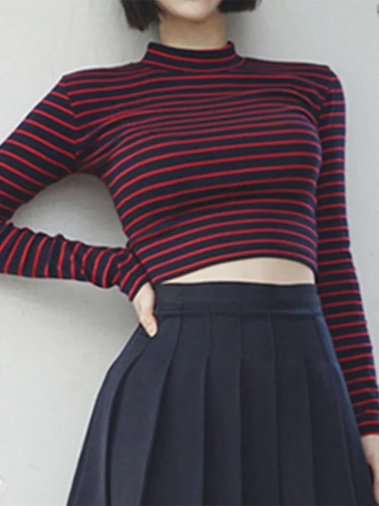 Bustier court à rayures classiques pour femmes, haut court chic, col roulé, t-shirt à manches longue