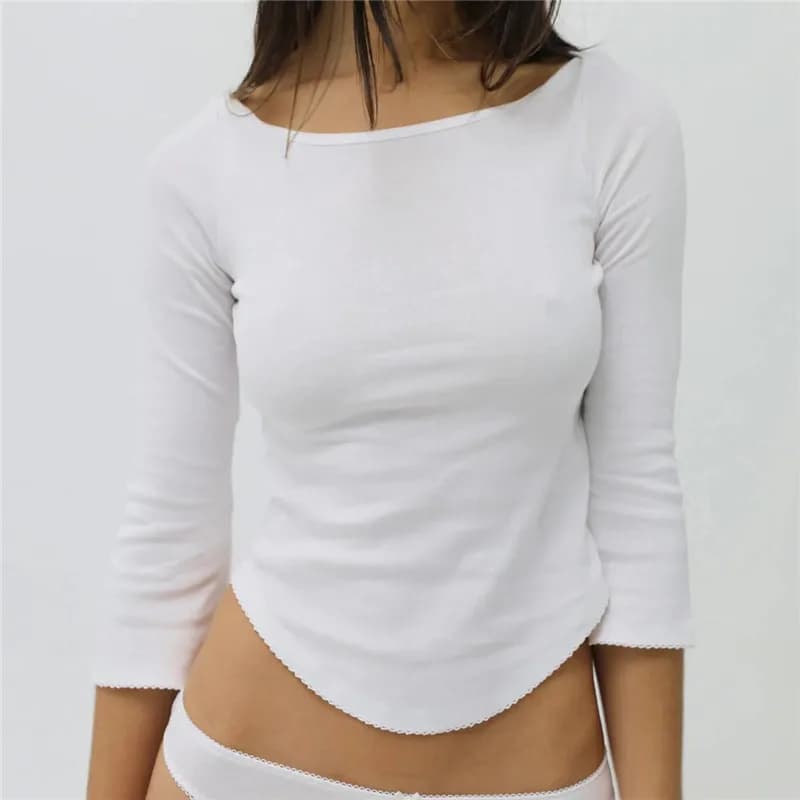 T-shirt court côtelé Y2K pour femme à manches 3/4, col bateau, avec ourlet en dentelle, coupe ajusté