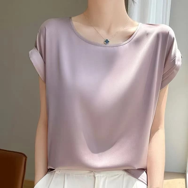 T-shirt en satin d'été pour femme, élégant, à manches courtes, col rond, coupe ample, couleur unie,