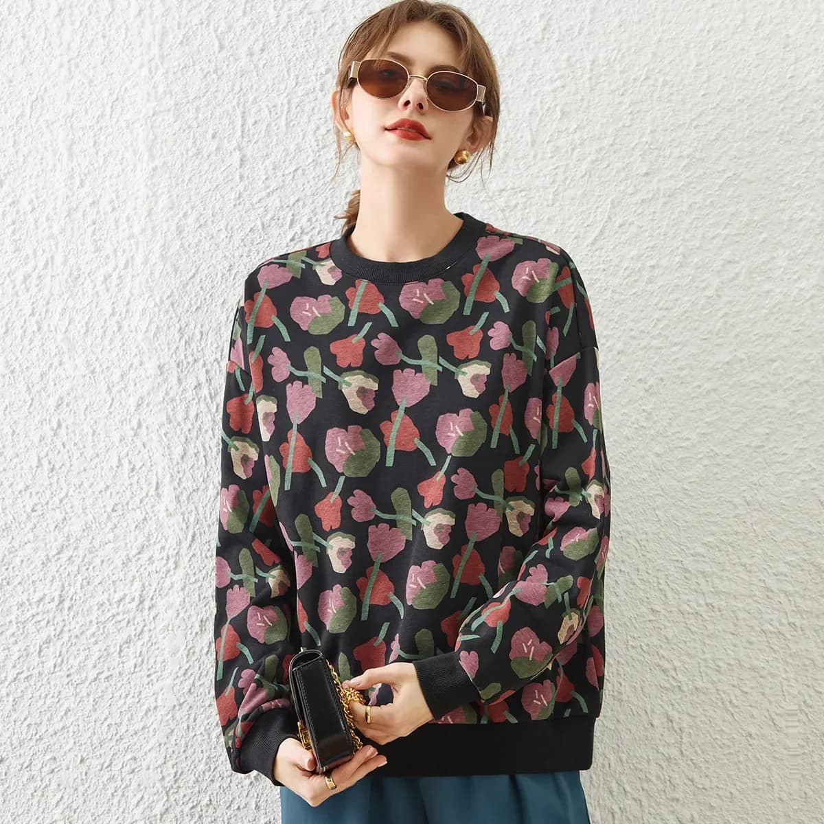 Modiis Yao-Sweat-shirt à manches longues et col rond pour femme, pull rétro, imprimé fleuri, coupe d