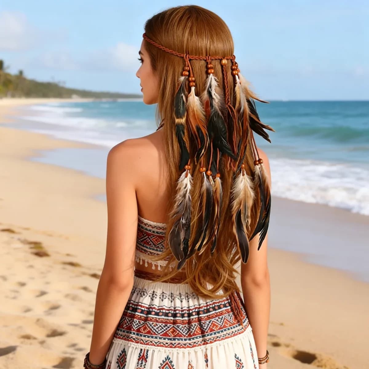 Serre-tête bohème à plumes et perles, bandeau hippie ajustable, accessoire de cheveux bohème élégant