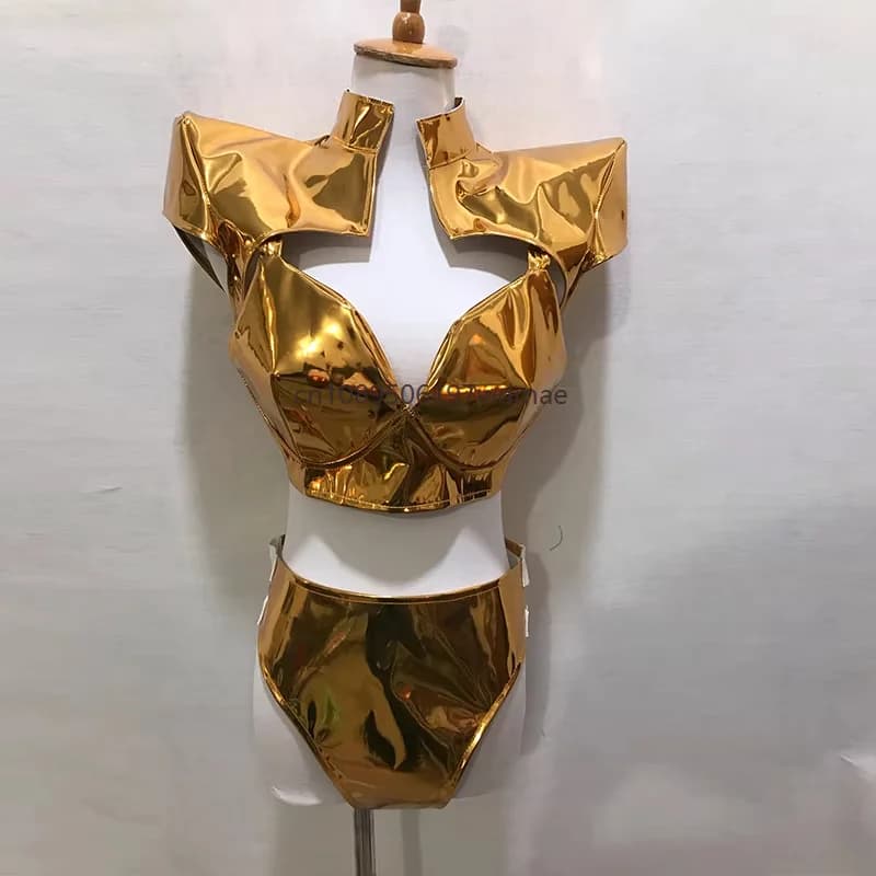 Sexy or argent cuir verni Bikini gilet Bar discothèque danse Costume Rave tenues femme Jazz danseur 