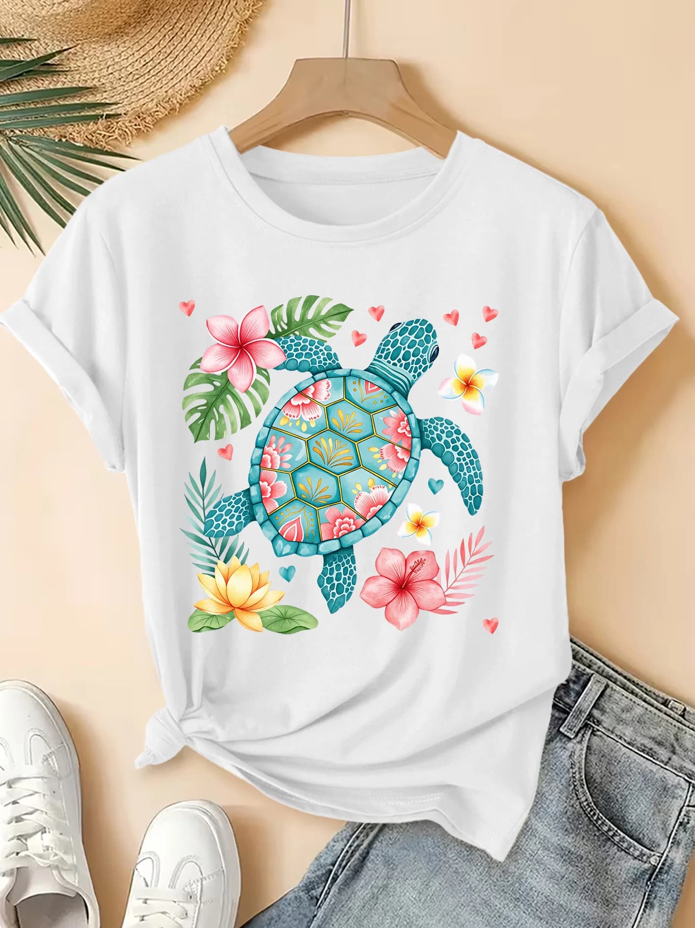 T-shirt pour femme avec motif tortue de mer et fleur d'hibiscus, style tropical, côtier, hawaïen, pl