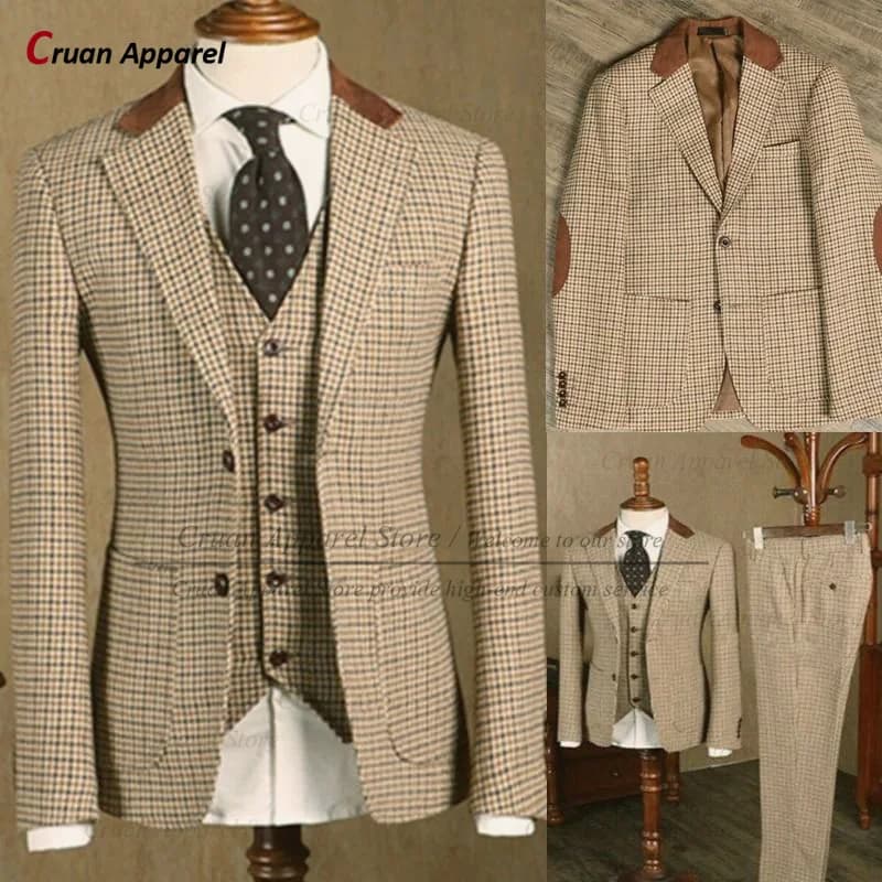 Ensemble blazer à carreaux pour hommes, glaçure, olympiques ajustés, classique, marron, 3 pièces, su