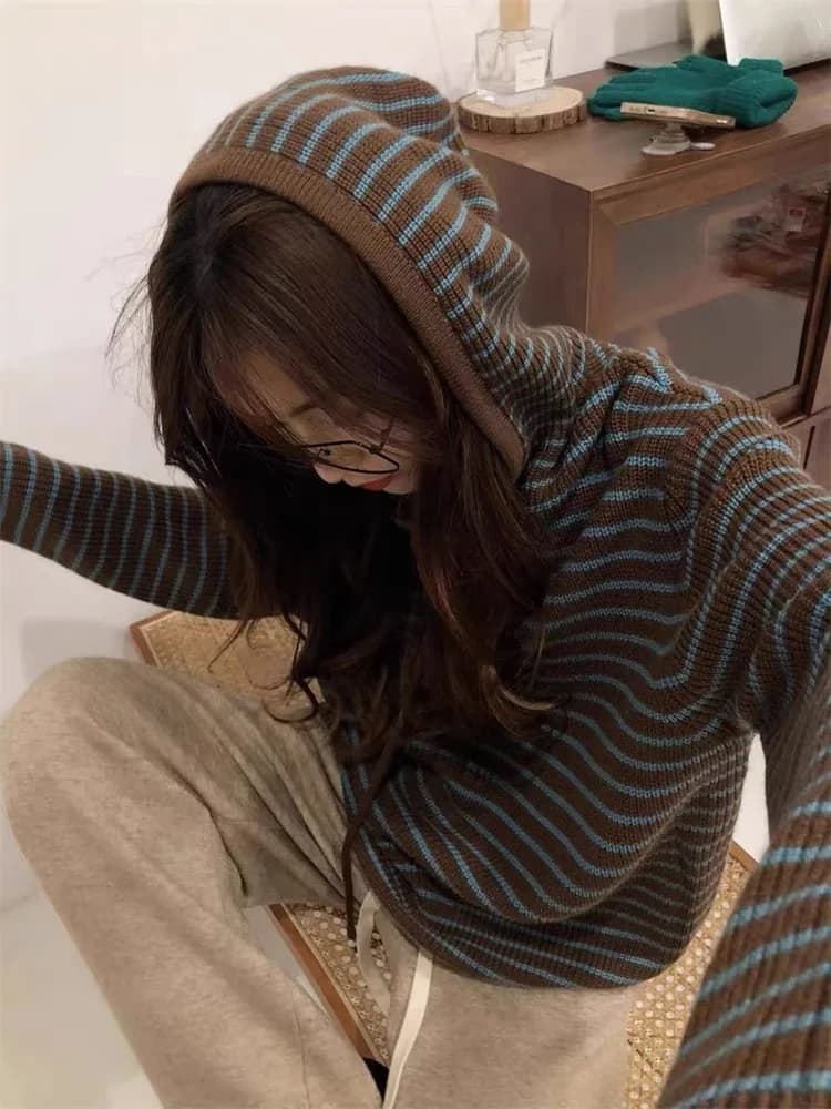 Pulls à capuche rayés pour femmes, vêtements d'automne et d'hiver, chemises à bascule tricotées de h