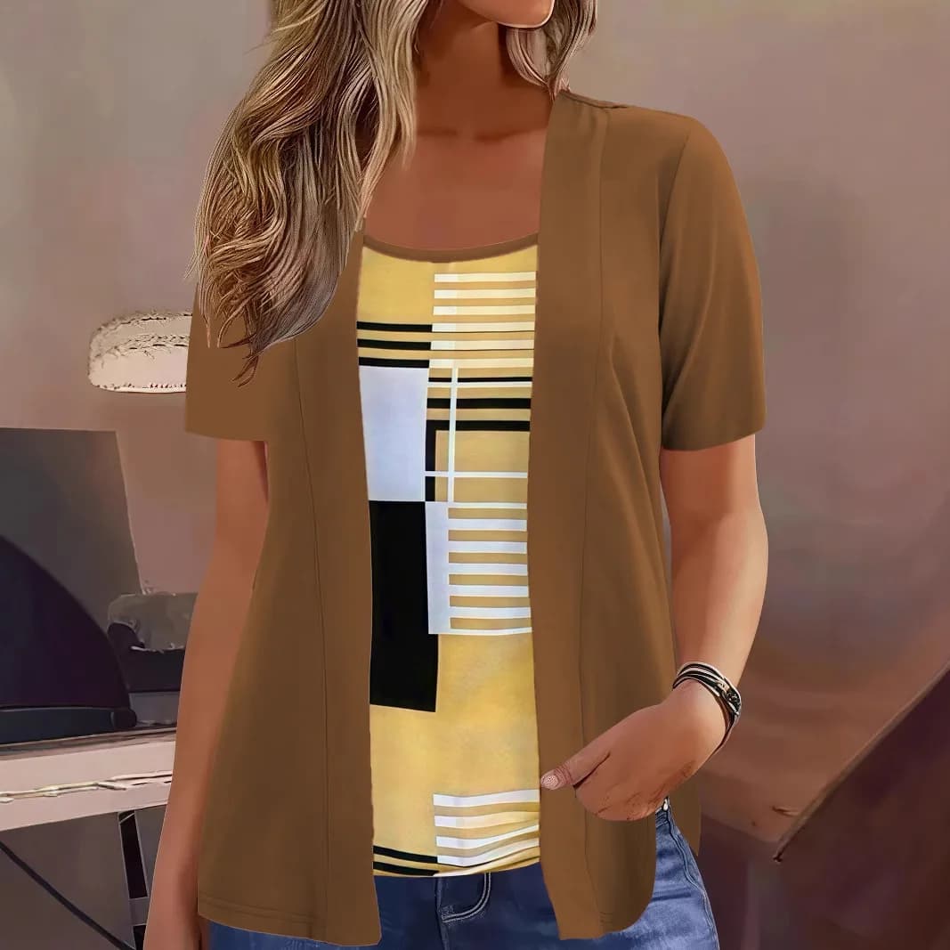Nouveau 2025 t-shirts femmes faux deux pièces élégant Patchwork grande taille chemises été décontrac