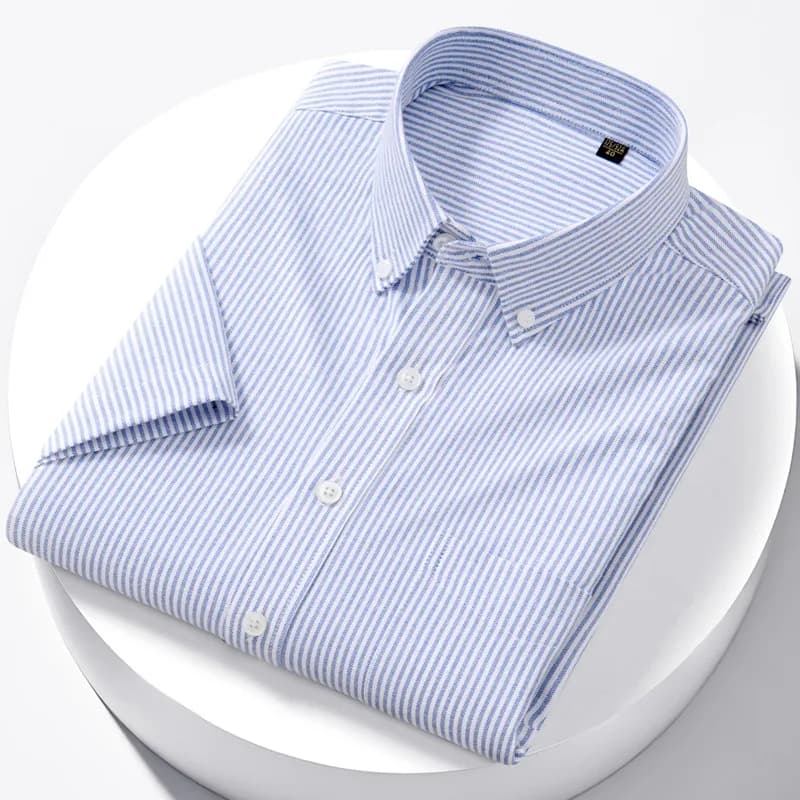 Chemise Oxford de luxe pour hommes, 100% coton, manches courtes, rayures décontractées, couleur unie