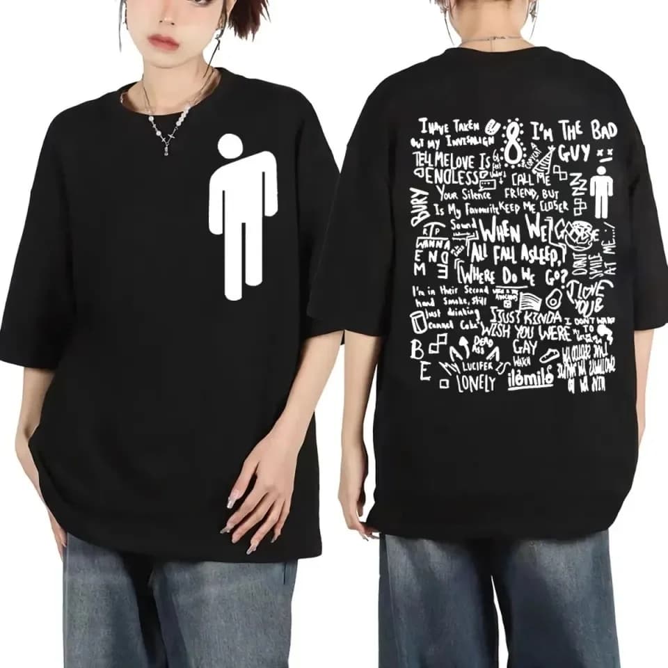 T-shirt à col rond avec icône Billie Eilish Collage lyrique Creative - Graphique inspiré avec pop ar