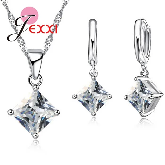 Ensemble de bijoux en argent regardé 925 avec pendentif en cristal CZ pour femme, collier et boucles
