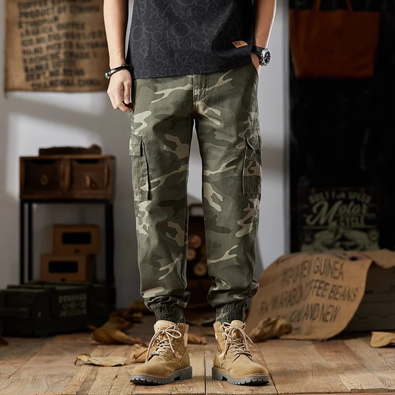 Pantalon cargo camouflage pour homme, style harem ample, en pur coton, style vintage américain, pour