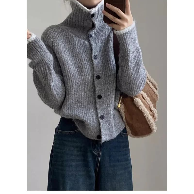 Blazer pull à col en v gris foncé, Style paresseux, couleur contrastée, ample, haut de gamme, rétro,