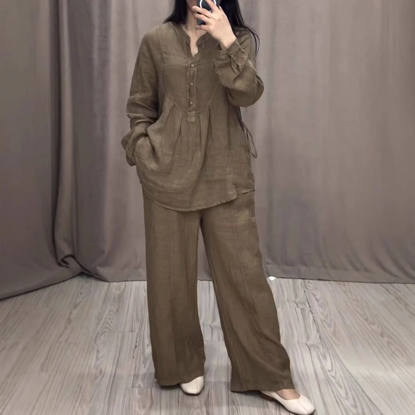 Ensemble 2 pièces en lin pour femme, chemisier à col en V et manches longues boutonnées, pantalon la