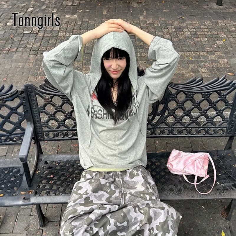 Tonngirls Y2k Vintage T-shirt femmes décontracté ample imprimé graphique hauts à capuche japonais an