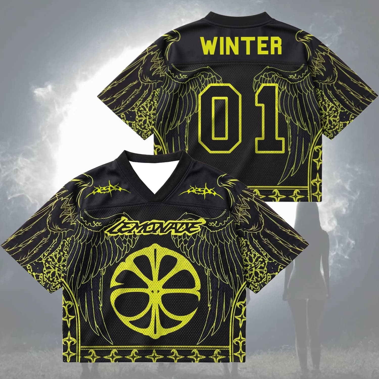 2026 Aespa KARINA Lemonade Black Yellow Style Cropped Mesh Sports Jersey Respirant Décontracté Stree