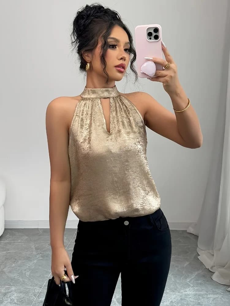 Chemise élégante et sexy pour femmes, couleur champagne dorée brillante, col halter, épaules dénudée