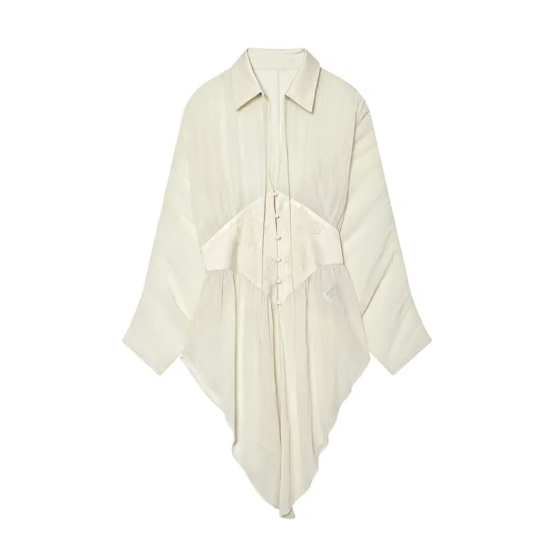 Chemisier Femme Été 2026 Nouvelle Collection Beige Manches Longues Chauve-souris Transparent Sexy Aj