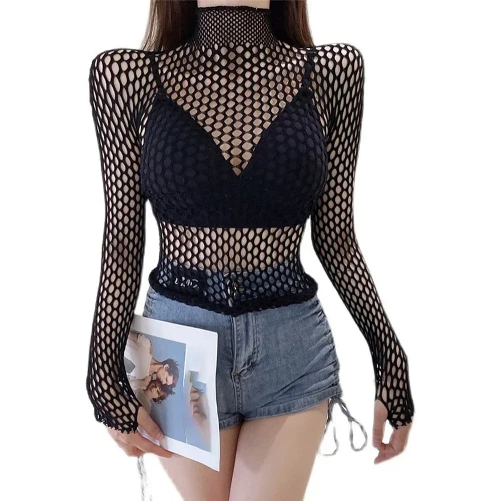 Femmes Sexy maille à manches longues résille hauts amusant mode Slim Fit hauts évider voir à travers