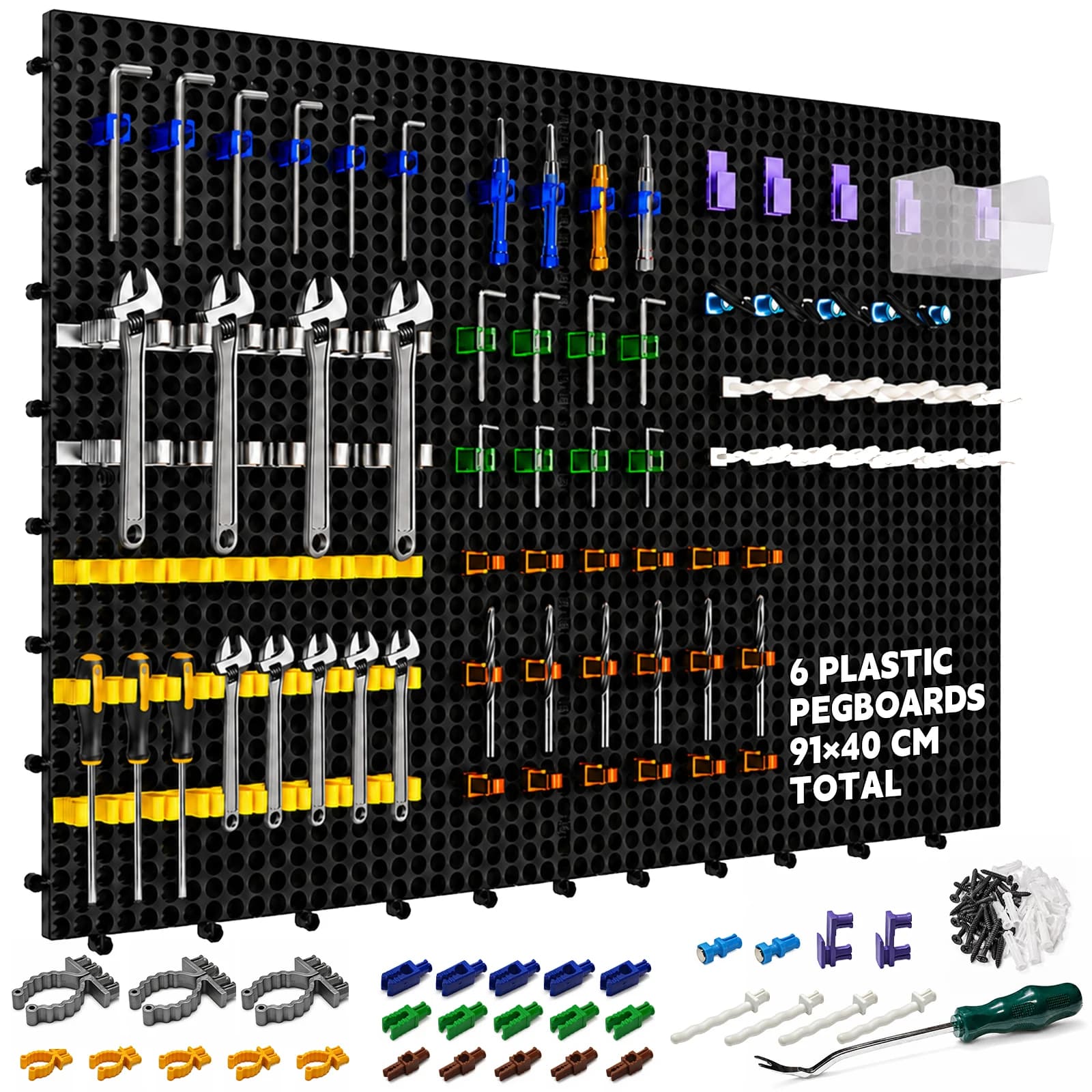 Kit d'organisation murale en plastique perforé, 6 panneaux noirs 91 x 40 cm, 200 accessoires avec cr